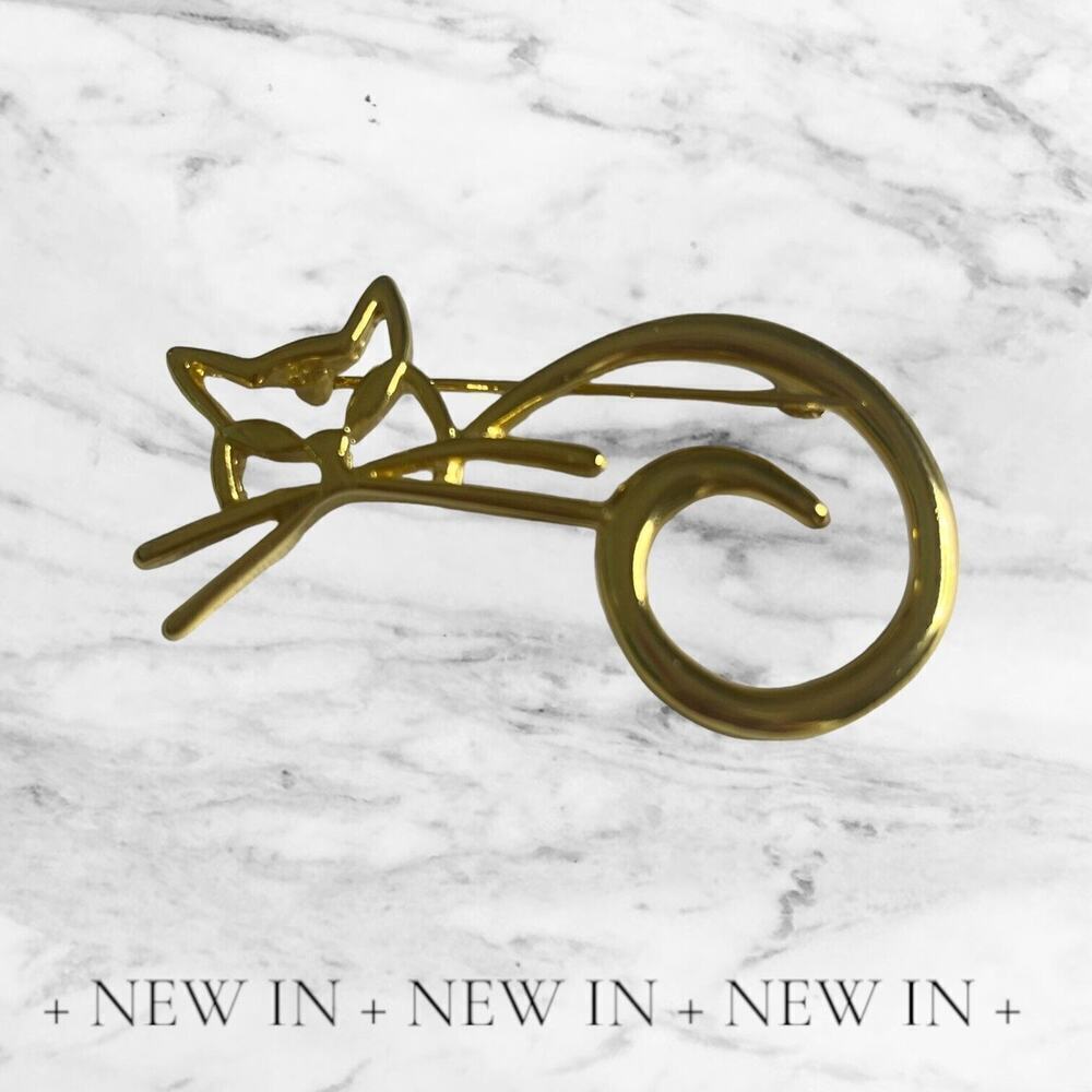 Vtg Estate Gold Tone Cut Out Silhouette Kitty Cat Pin Brooch Modernist 2" x 1"